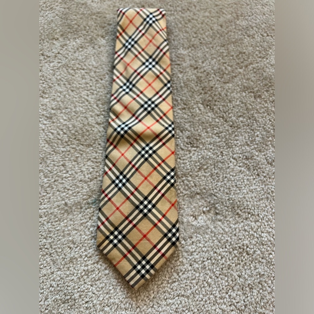 Vintage Burberry Tartan Tie Beige Black White Red